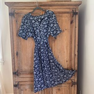 vintage navy floral waist-tie midi dress